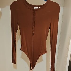 Brown Long Sleeve Button-Up Bodysuit